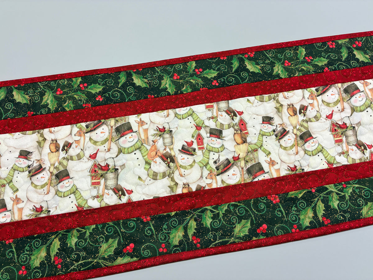 Snowman and Woodland Animals Christmas Quilted Dining Coffee Table Runner, 13x48"