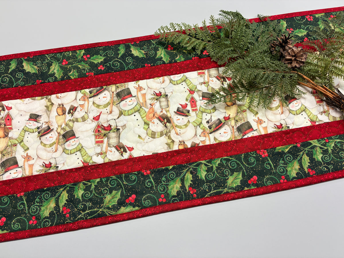 Snowman and Woodland Animals Christmas Quilted Dining Coffee Table Runner, 13x48"