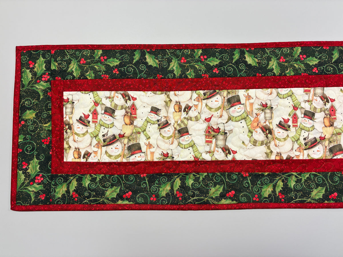 Snowman and Woodland Animals Christmas Quilted Dining Coffee Table Runner, 13x48"