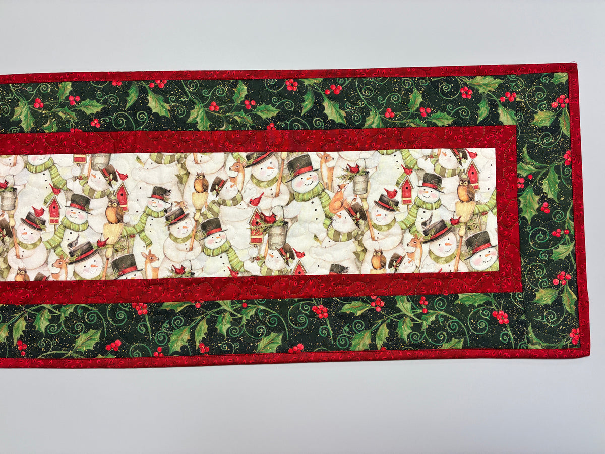 Snowman and Woodland Animals Christmas Quilted Dining Coffee Table Runner, 13x48"