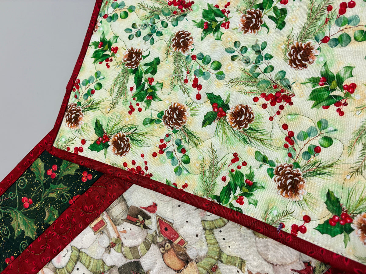 Snowman and Woodland Animals Christmas Quilted Dining Coffee Table Runner, 13x48"