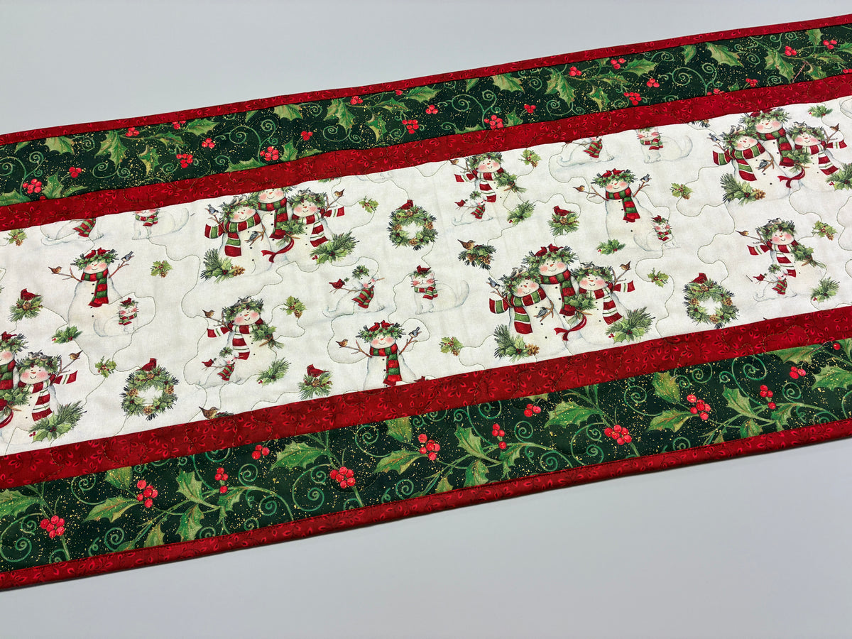 Snowman Christmas Winter Dining or Coffee Table Runner, 15x48" Quilted Whimsical, Wide Handmade