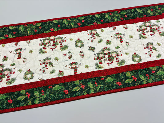 Snowman Christmas Winter Dining or Coffee Table Runner, 15x48" Quilted Whimsical, Wide Handmade