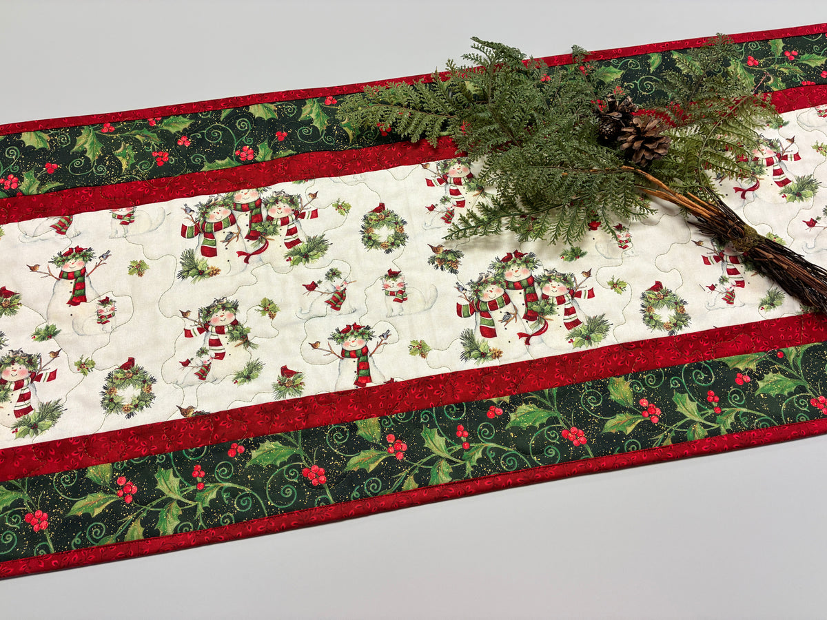 Snowman Christmas Winter Dining or Coffee Table Runner, 15x48" Quilted Whimsical, Wide Handmade