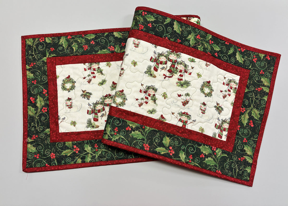 Snowman Christmas Winter Dining or Coffee Table Runner, 15x48" Quilted Whimsical, Wide Handmade