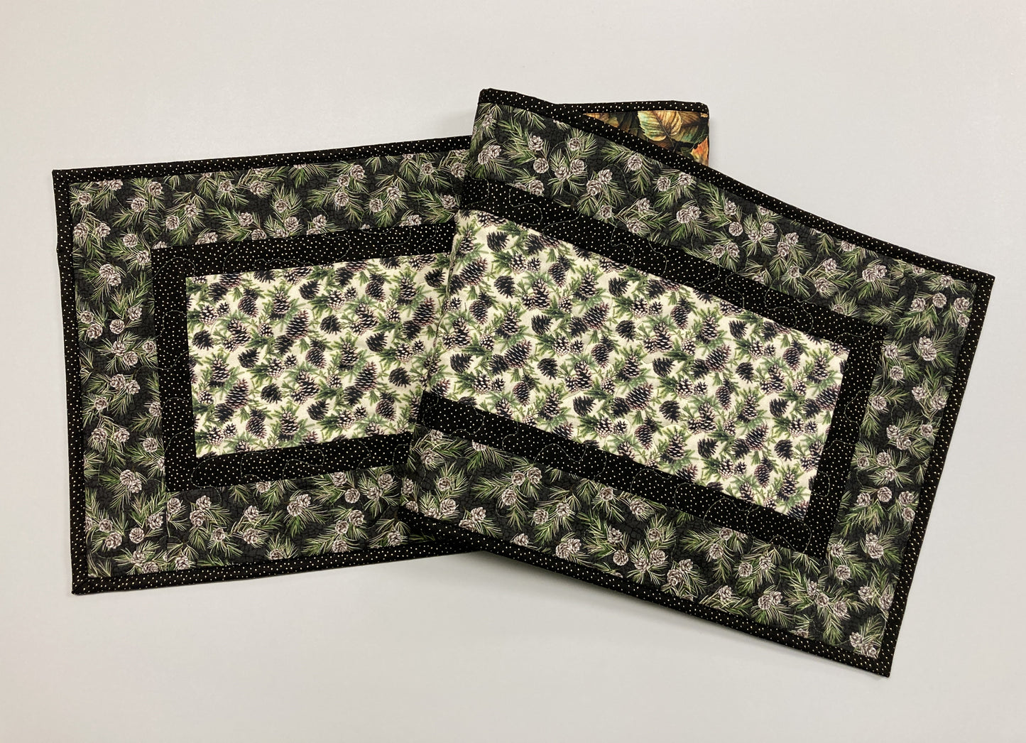 Pine Cones Quilted Dining or Coffee Table Runner, Reversible Fall Leaves, Dresser Scarf End Table 13x48" Handmade Holiday Winter Year Round