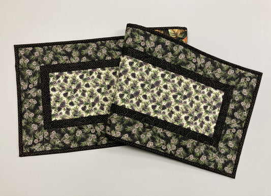 Pine Cones Quilted Dining or Coffee Table Runner, Reversible Fall Leaves, Dresser Scarf End Table 13x48" Handmade Holiday Winter Year Round