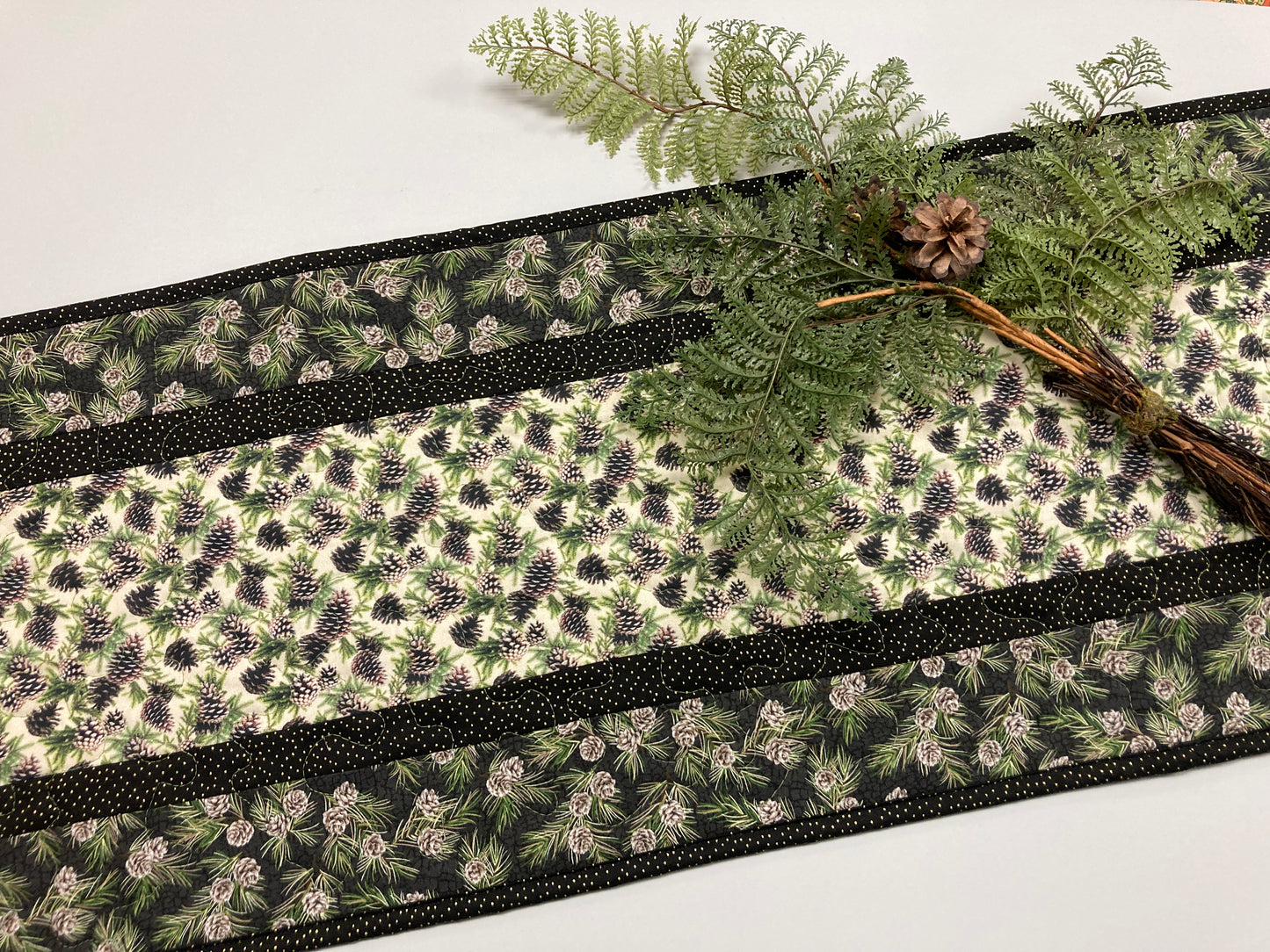 Pine Cones Quilted Dining or Coffee Table Runner, Reversible Fall Leaves, Dresser Scarf End Table 13x48" Handmade Holiday Winter Year Round