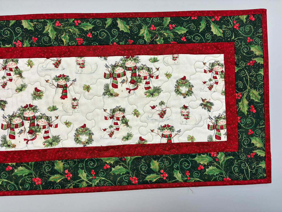 Snowman Christmas Winter Dining or Coffee Table Runner, 15x48" Quilted Whimsical, Wide Handmade