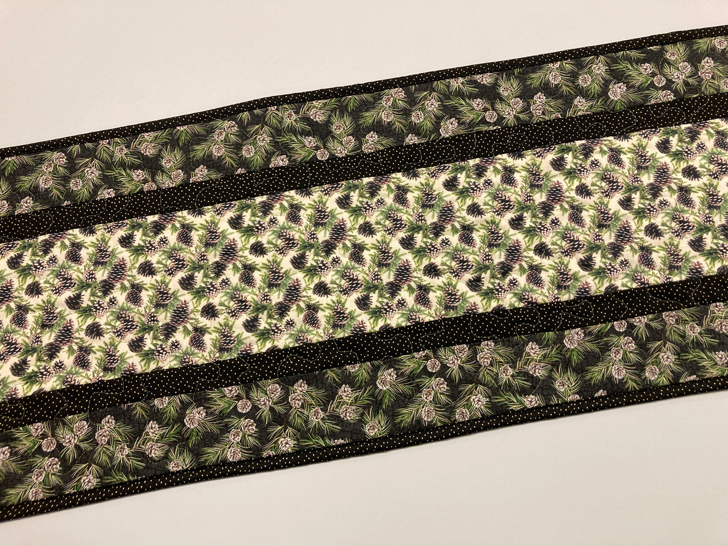 Pine Cones Quilted Dining or Coffee Table Runner, Reversible Fall Leaves, Dresser Scarf End Table 13x48" Handmade Holiday Winter Year Round