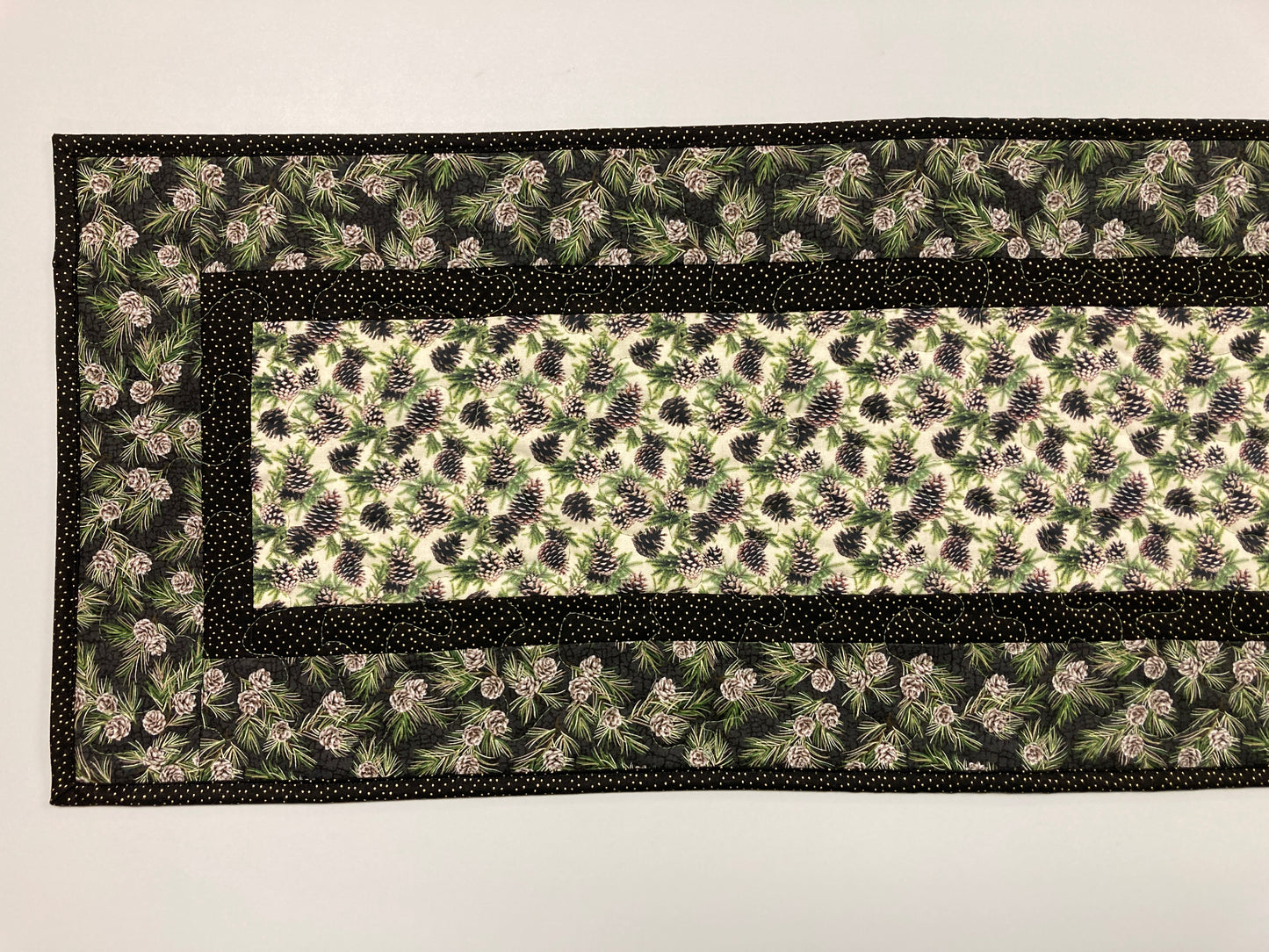 Pine Cones Quilted Dining or Coffee Table Runner, Reversible Fall Leaves, Dresser Scarf End Table 13x48" Handmade Holiday Winter Year Round