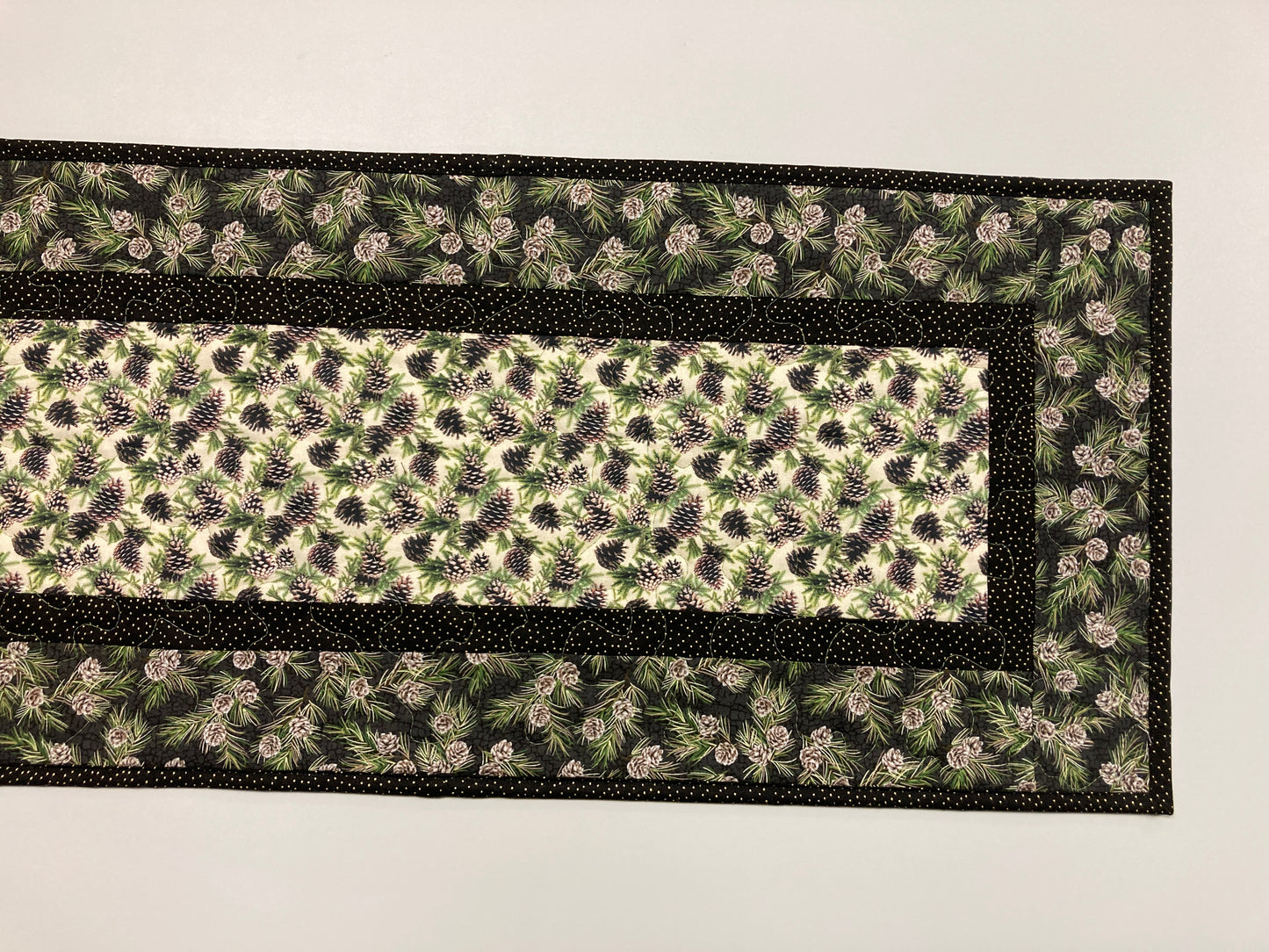 Pine Cones Quilted Dining or Coffee Table Runner, Reversible Fall Leaves, Dresser Scarf End Table 13x48" Handmade Holiday Winter Year Round