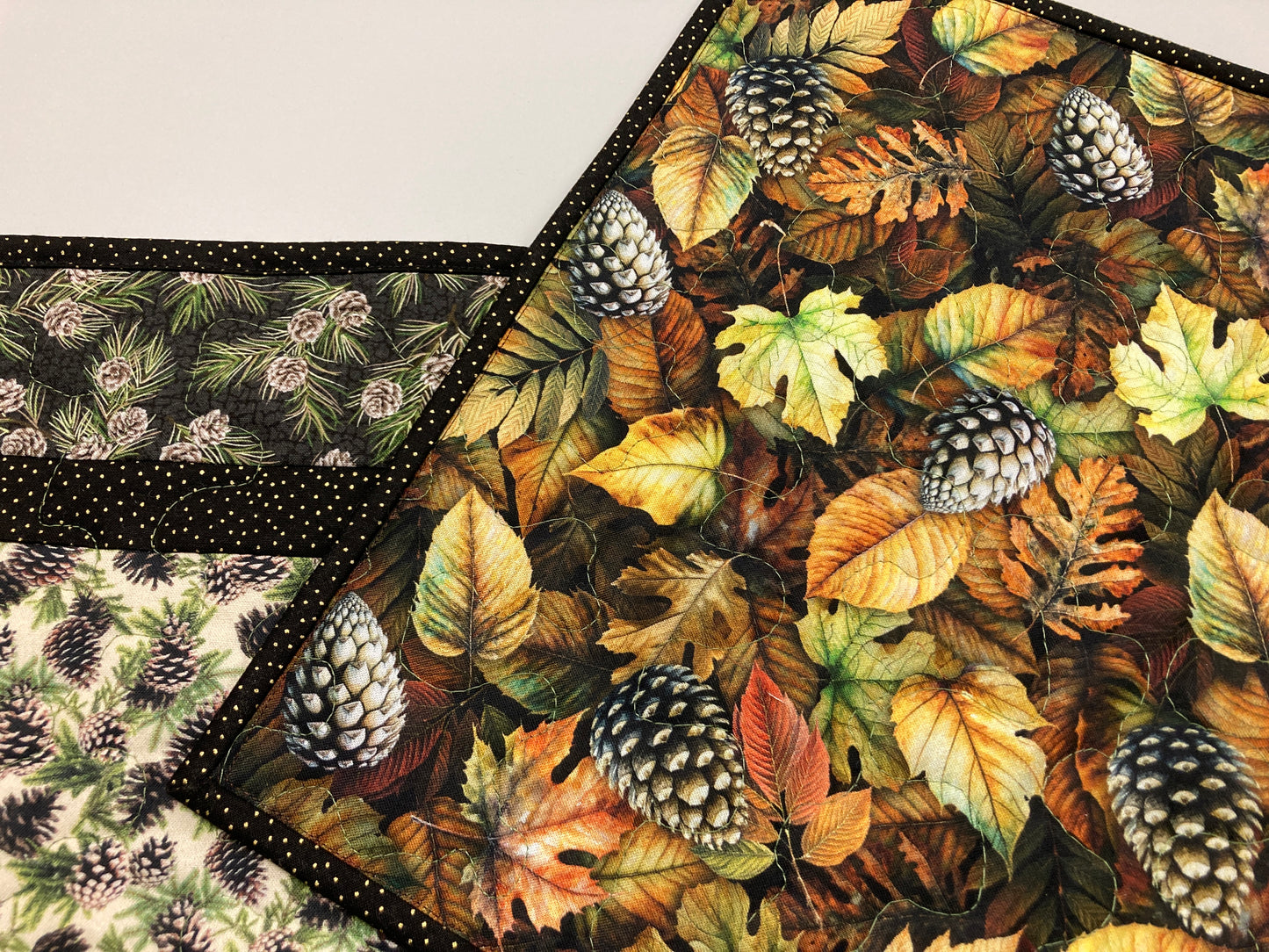 Pine Cones Quilted Dining or Coffee Table Runner, Reversible Fall Leaves, Dresser Scarf End Table 13x48" Handmade Holiday Winter Year Round