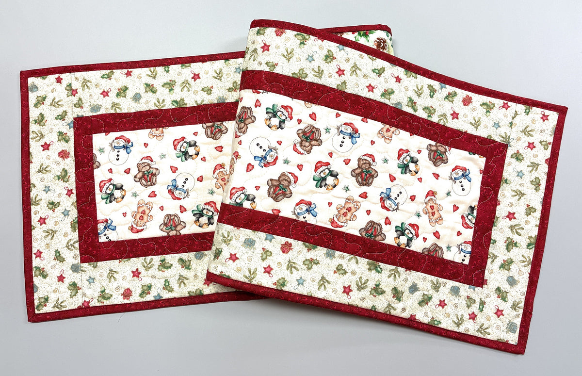 Gingerbread Cookies Christmas Ornaments Quilted Table Runner, 13x48" Reversible Handmade