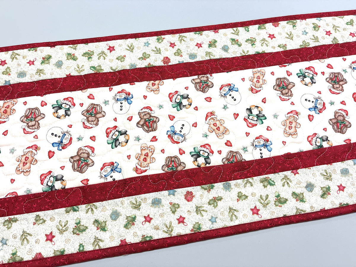 Gingerbread Cookies Christmas Ornaments Quilted Table Runner, 13x48" Reversible Handmade