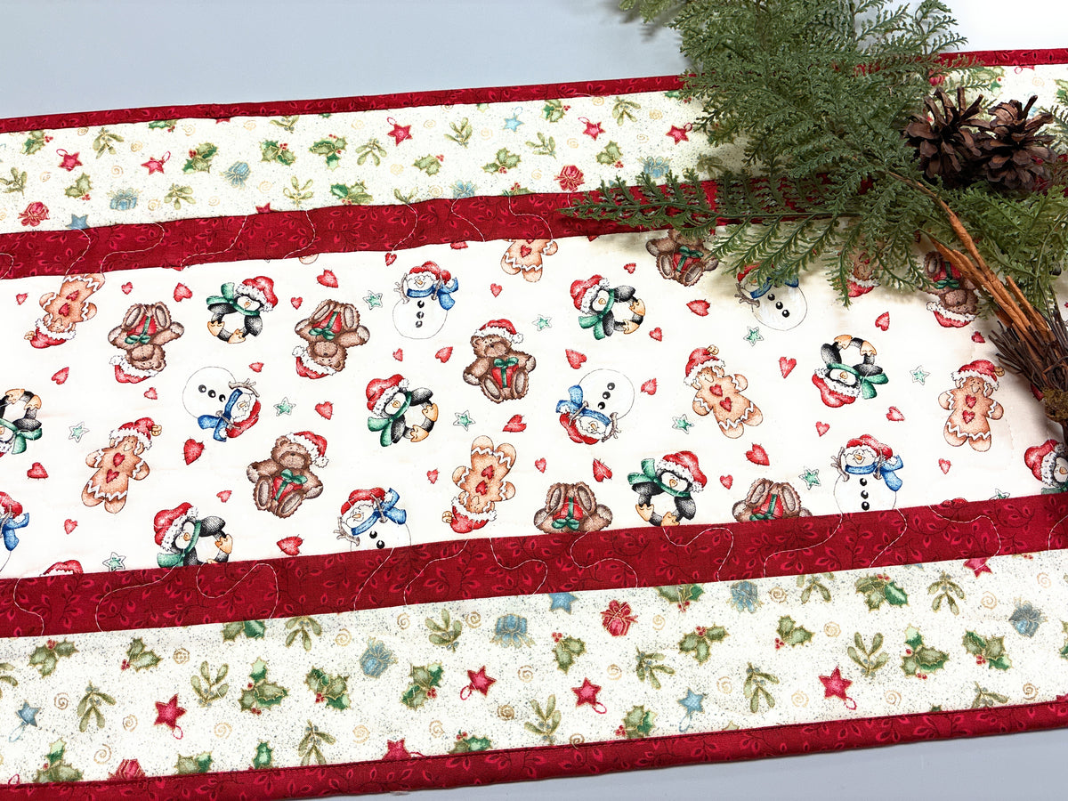 Gingerbread Cookies Christmas Ornaments Quilted Table Runner, 13x48" Reversible Handmade