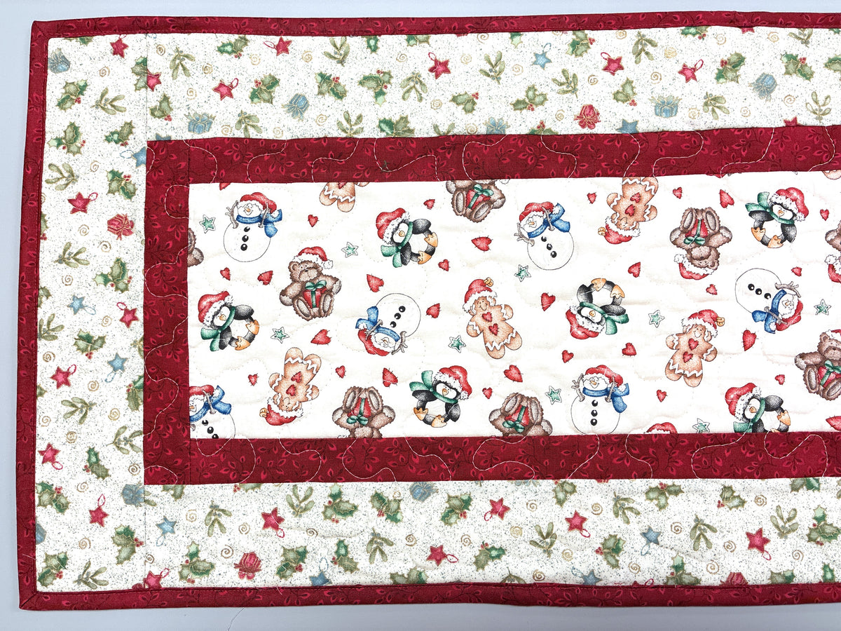 Gingerbread Cookies Christmas Ornaments Quilted Table Runner, 13x48" Reversible Handmade