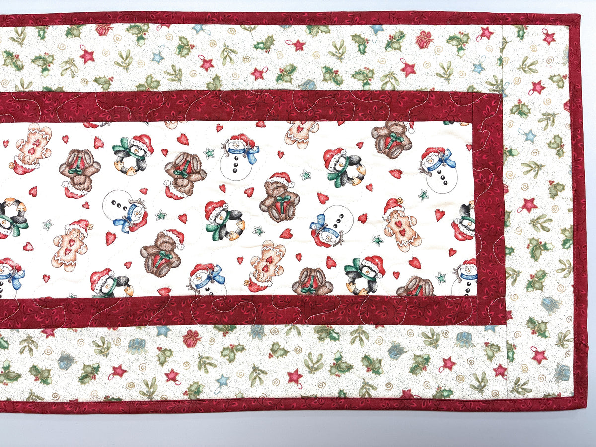 Gingerbread Cookies Christmas Ornaments Quilted Table Runner, 13x48" Reversible Handmade