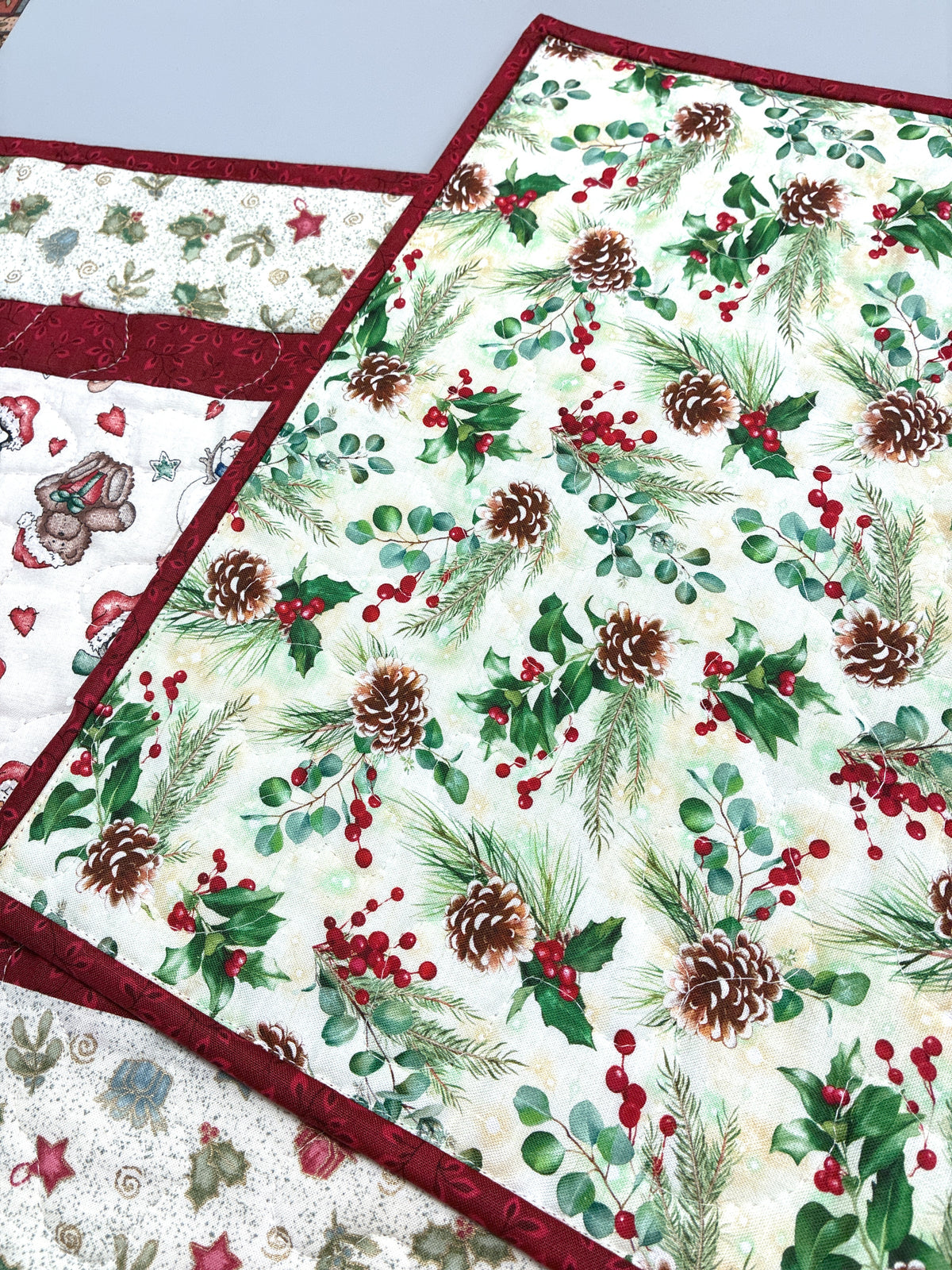 Gingerbread Cookies Christmas Ornaments Quilted Table Runner, 13x48" Reversible Handmade