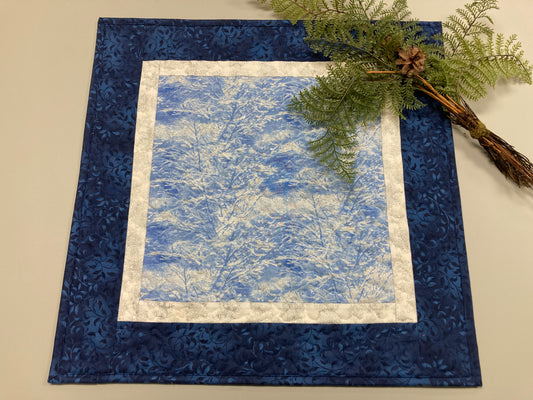 Silver Frost Blue Winter Trees Quilted Table Square Topper, 19x19" Reversible Coffee End Table Christmas Hanukkah Mountains Handmade