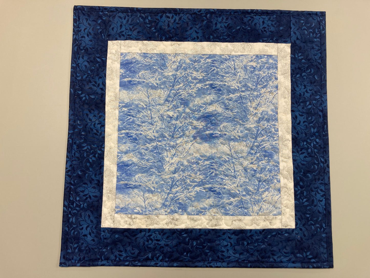 Silver Frost Blue Winter Trees Quilted Table Square Topper, 19x19" Reversible Coffee End Table Christmas Hanukkah Mountains Handmade