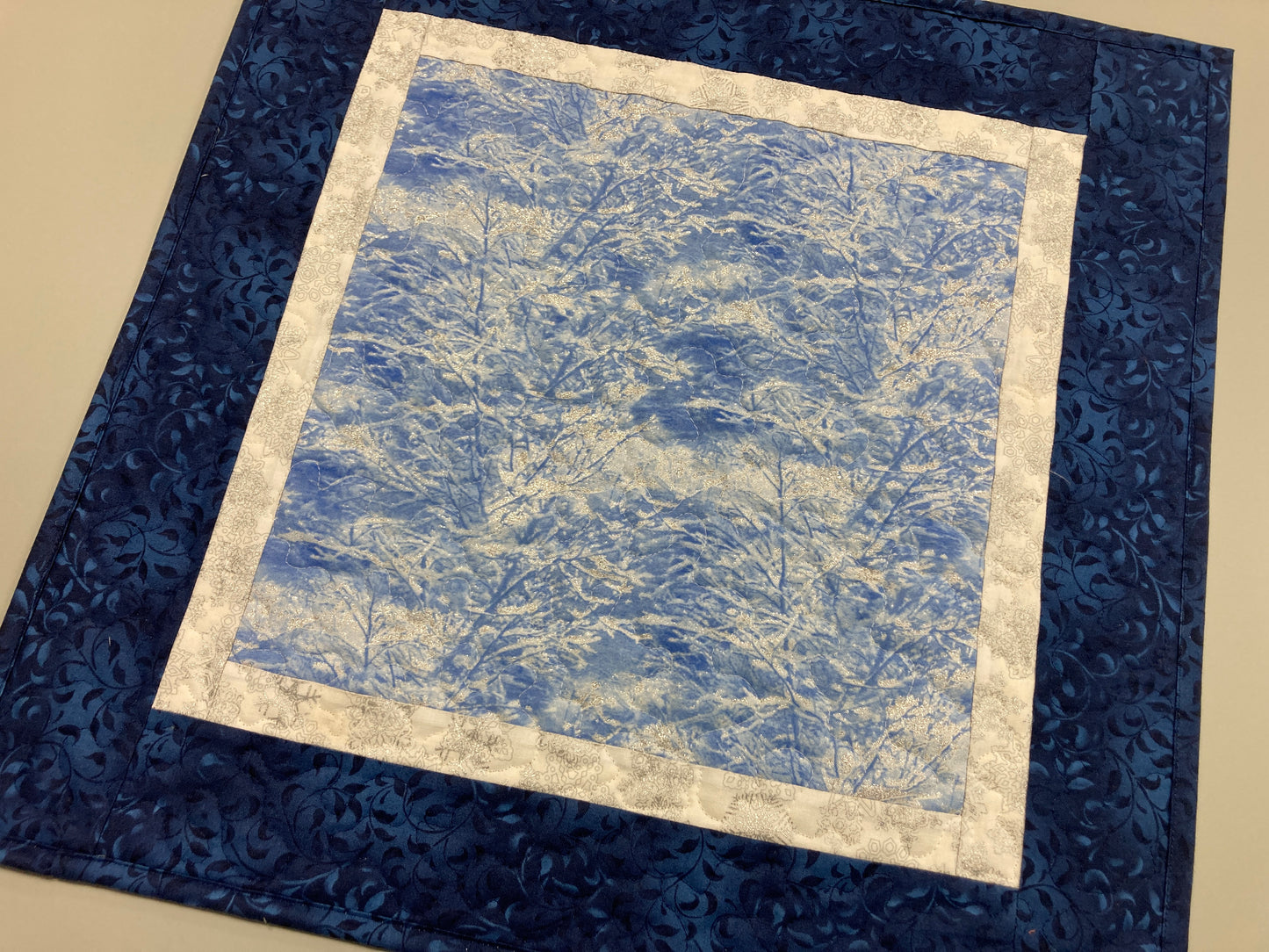 Silver Frost Blue Winter Trees Quilted Table Square Topper, 19x19" Reversible Coffee End Table Christmas Hanukkah Mountains Handmade