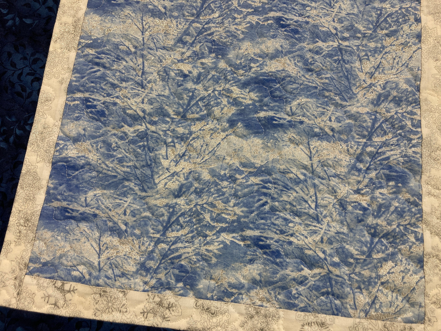 Silver Frost Blue Winter Trees Quilted Table Square Topper, 19x19" Reversible Coffee End Table Christmas Hanukkah Mountains Handmade