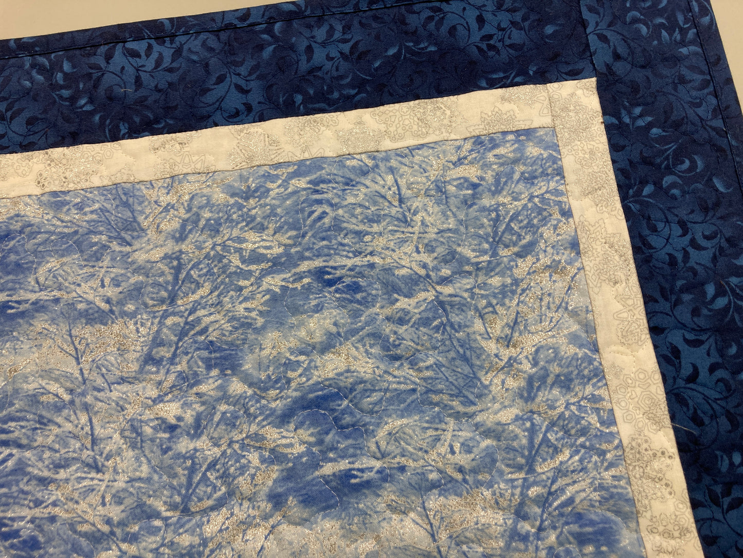 Silver Frost Blue Winter Trees Quilted Table Square Topper, 19x19" Reversible Coffee End Table Christmas Hanukkah Mountains Handmade