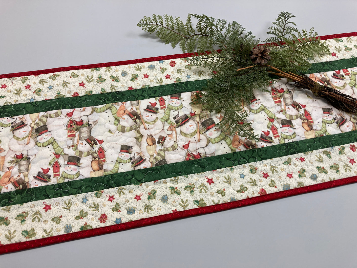 Snowman and Christmas Ornaments Dining Coffee Table Runner, 13x48" Quilted Winter Holiday, Children Woodland Animals Handmade Whimsical Fun