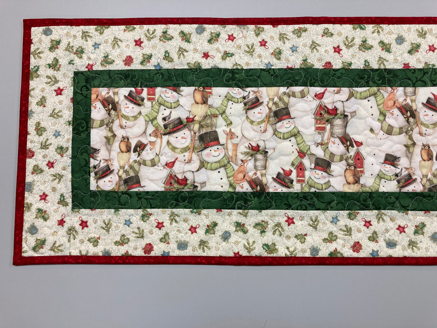 Snowman and Christmas Ornaments Dining Coffee Table Runner, 13x48" Quilted Winter Holiday, Children Woodland Animals Handmade Whimsical Fun