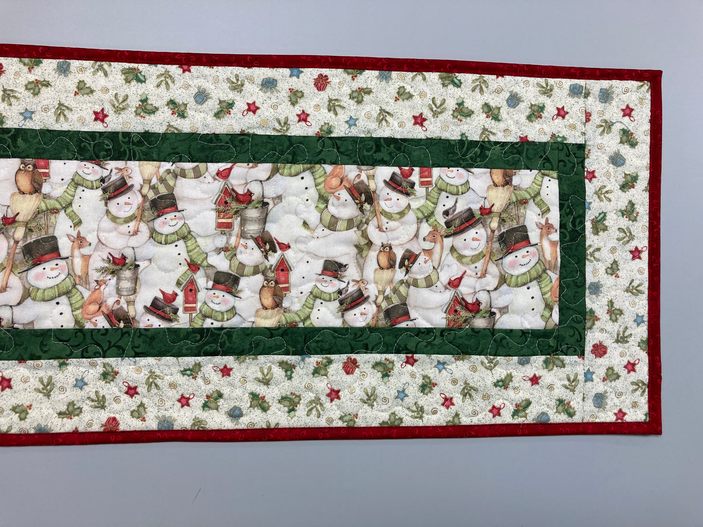 Snowman and Christmas Ornaments Dining Coffee Table Runner, 13x48" Quilted Winter Holiday, Children Woodland Animals Handmade Whimsical Fun