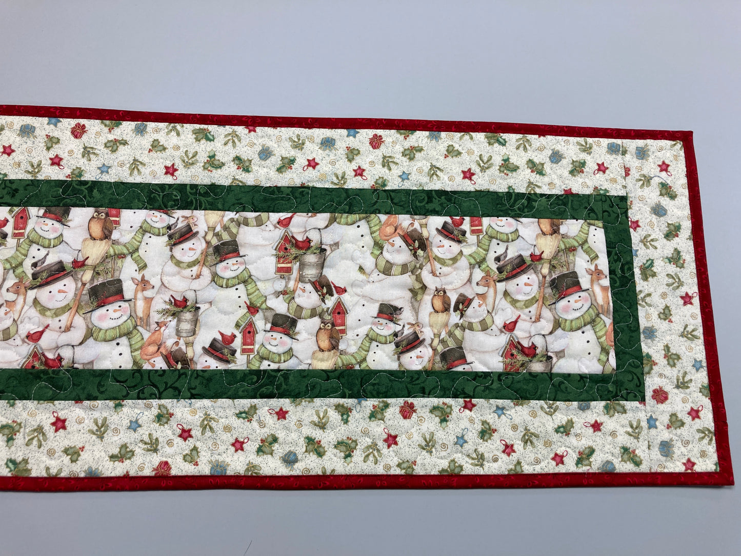 Snowman and Christmas Ornaments Dining Coffee Table Runner, 13x48" Quilted Winter Holiday, Children Woodland Animals Handmade Whimsical Fun