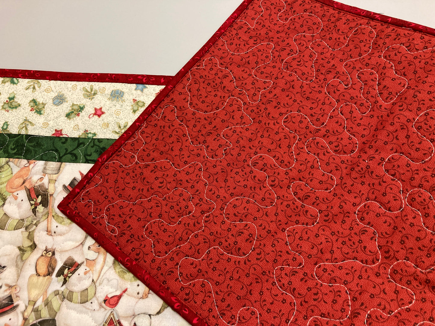 Snowman and Christmas Ornaments Dining Coffee Table Runner, 13x48" Quilted Winter Holiday, Children Woodland Animals Handmade Whimsical Fun