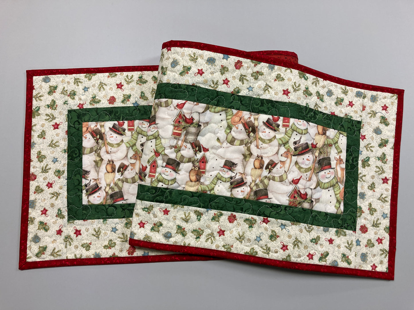 Snowman and Christmas Ornaments Dining Coffee Table Runner, 13x48" Quilted Winter Holiday, Children Woodland Animals Handmade Whimsical Fun