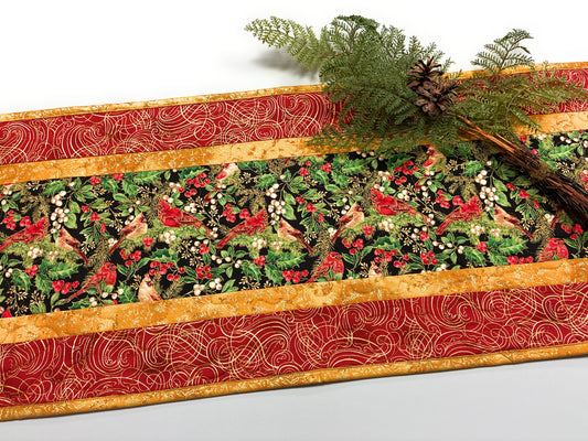 Christmas Red Cardinals 13x48" Quilted Dining Table Runner, Reversible Fall, Winter Holiday Coffee Table, Dresser Scarf, Bird Tree