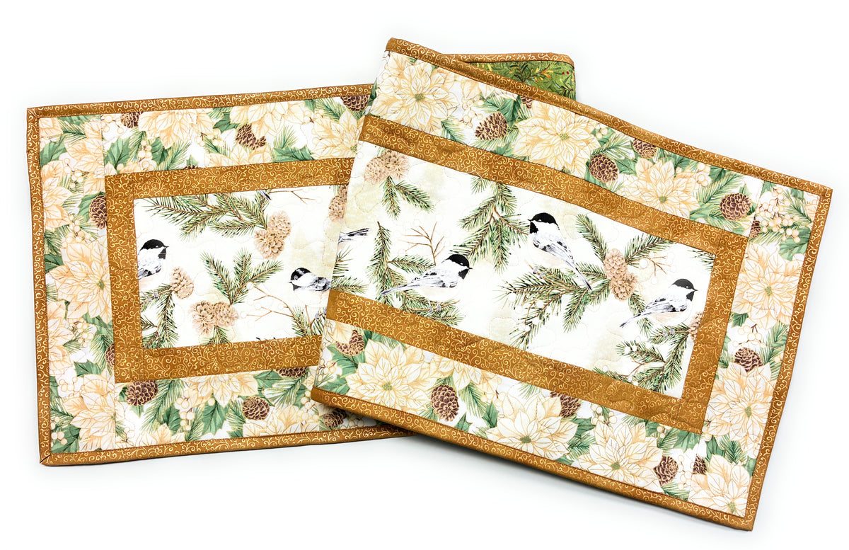 Mountain Chickadees and White Poinsettias Quilted Table Runner, 13x48" Winter Everyday