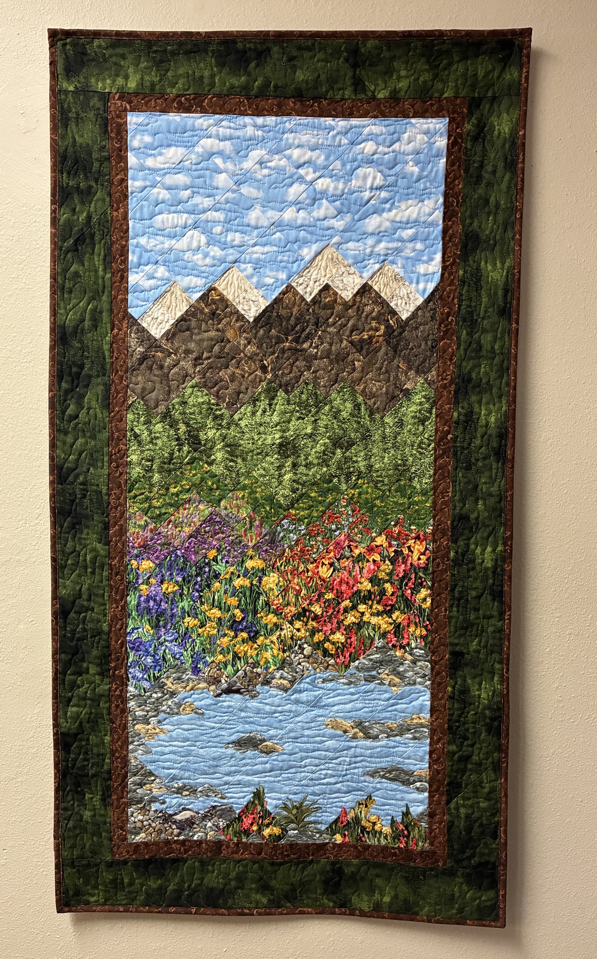 Summer Mountain Stream Landscape Art Quilt Tapestry, Quilted Fabric Wall Hanging, 25x46"