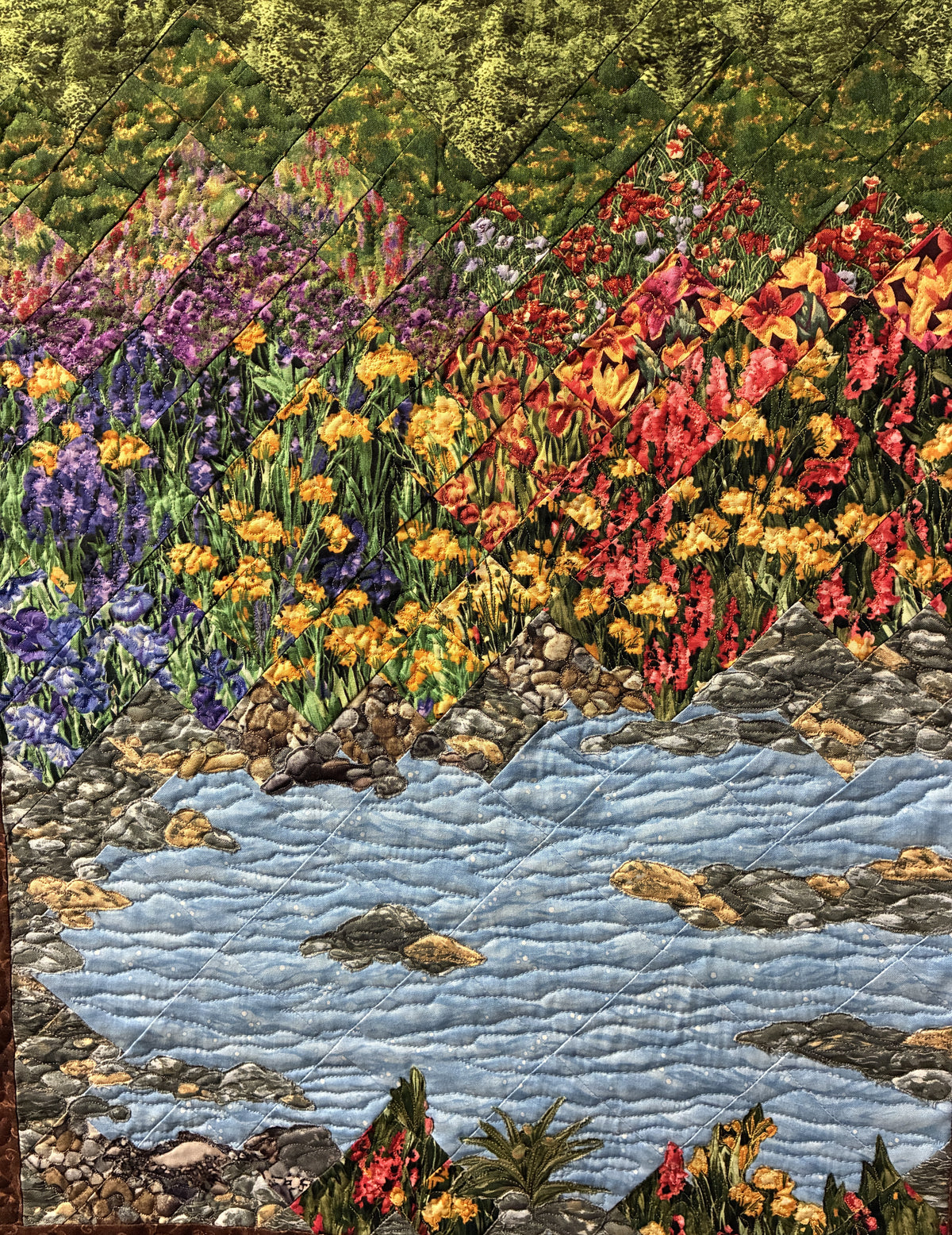 Summer Mountain Stream Landscape Art Quilt Tapestry, Quilted Fabric Wall Hanging, 25x46"