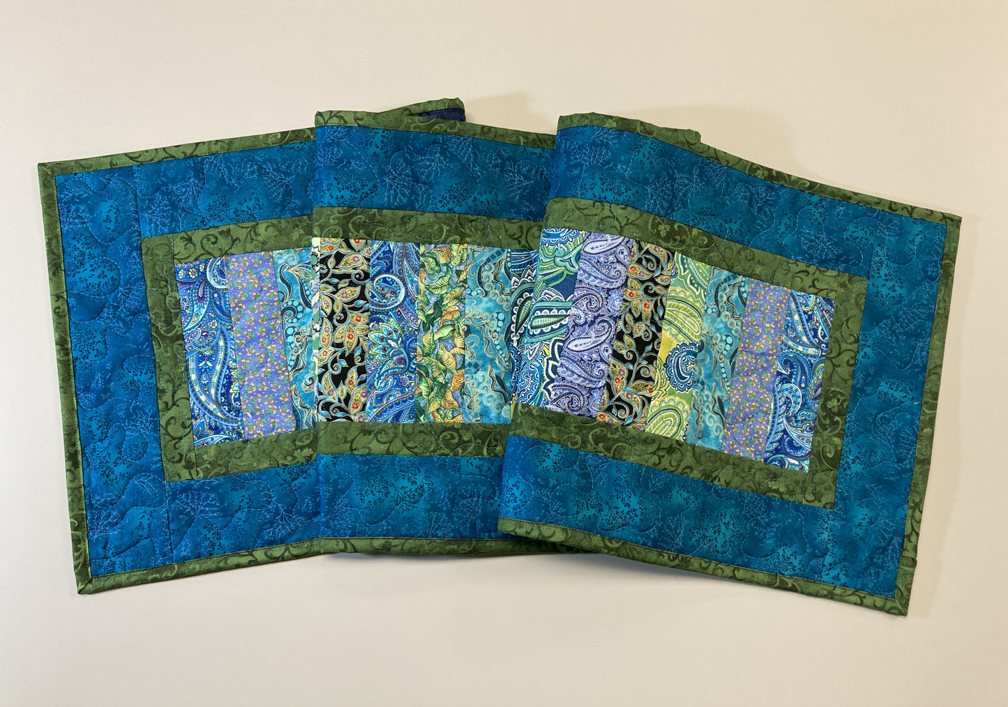 Quilted Table Runner, Blue Green Ocean Seaside Inspired 13x52" Reversible Washable, Dining Coffee Table Dresser, Everyday Handmade Abstract