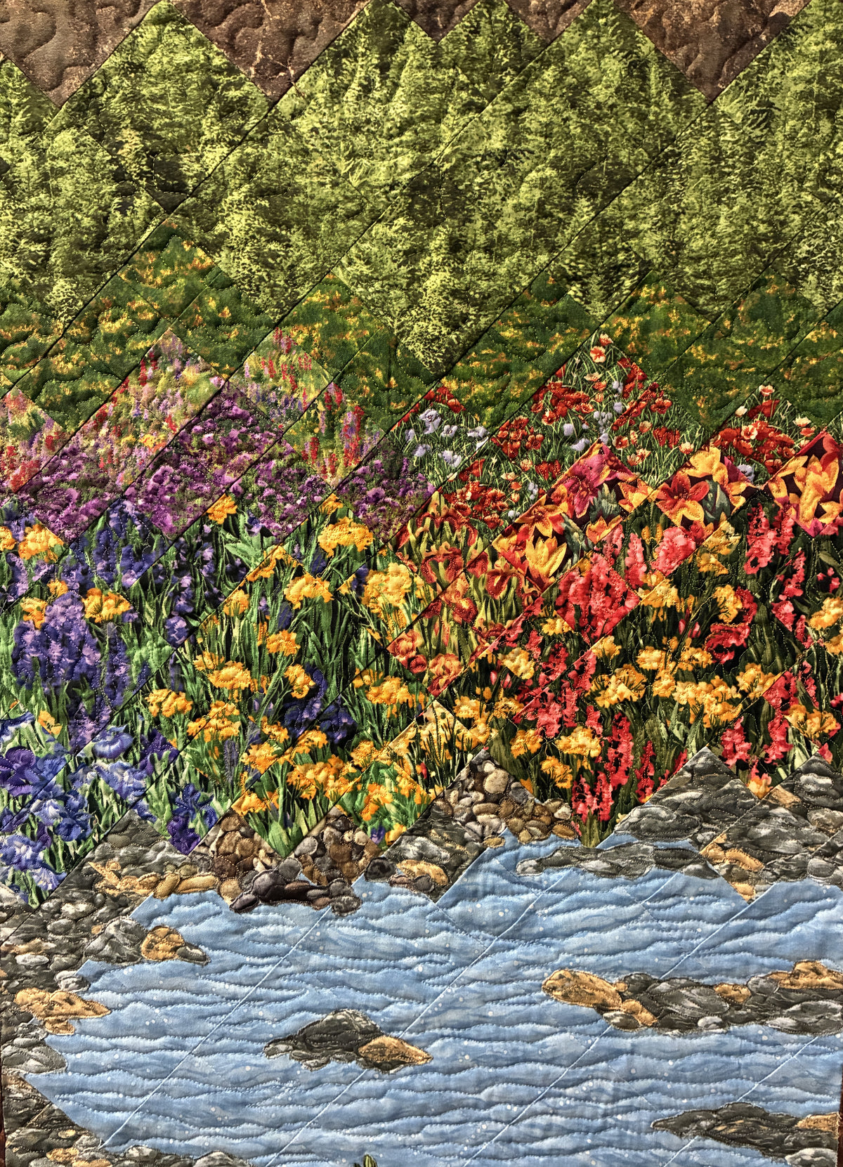 Summer Mountain Stream Landscape Art Quilt Tapestry, Quilted Fabric Wall Hanging, 25x46"