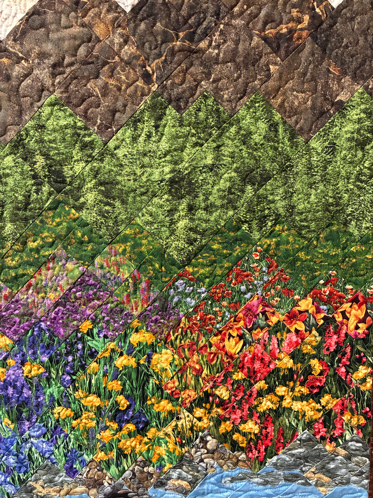Summer Mountain Stream Landscape Art Quilt Tapestry, Quilted Fabric Wall Hanging, 25x46"