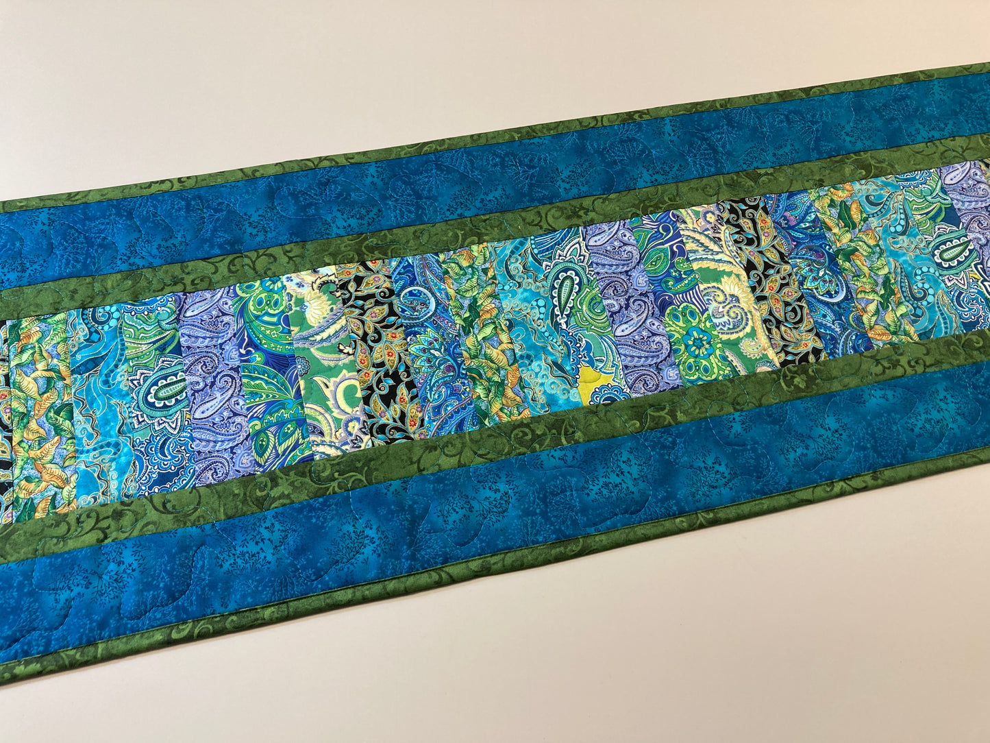 Quilted Table Runner, Blue Green Ocean Seaside Inspired 13x52" Reversible Washable, Dining Coffee Table Dresser, Everyday Handmade Abstract