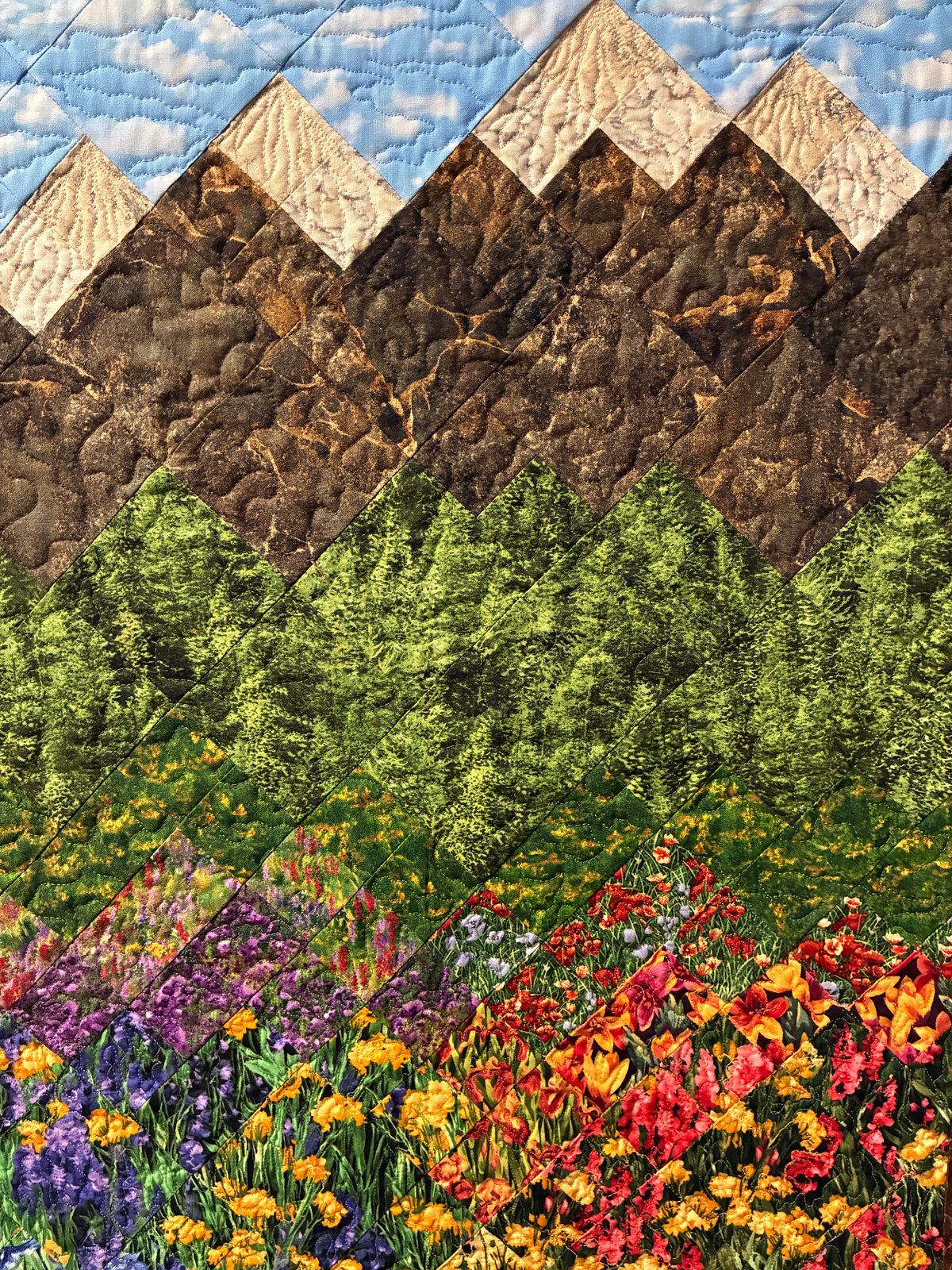 Summer Mountain Stream Landscape Art Quilt Tapestry, Quilted Fabric Wall Hanging, 25x46"