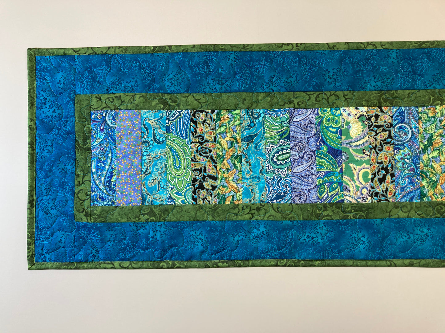 Quilted Table Runner, Blue Green Ocean Seaside Inspired 13x52" Reversible Washable, Dining Coffee Table Dresser, Everyday Handmade Abstract