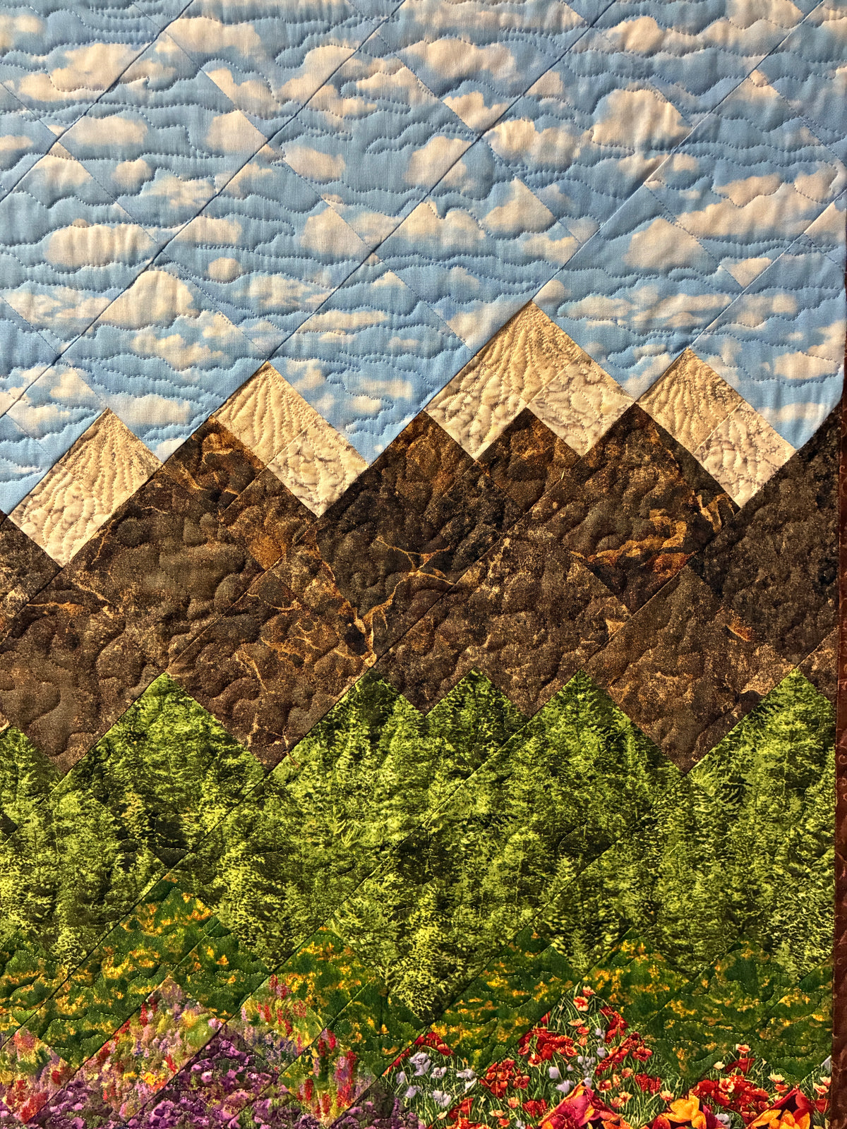 Summer Mountain Stream Landscape Art Quilt Tapestry, Quilted Fabric Wall Hanging, 25x46"