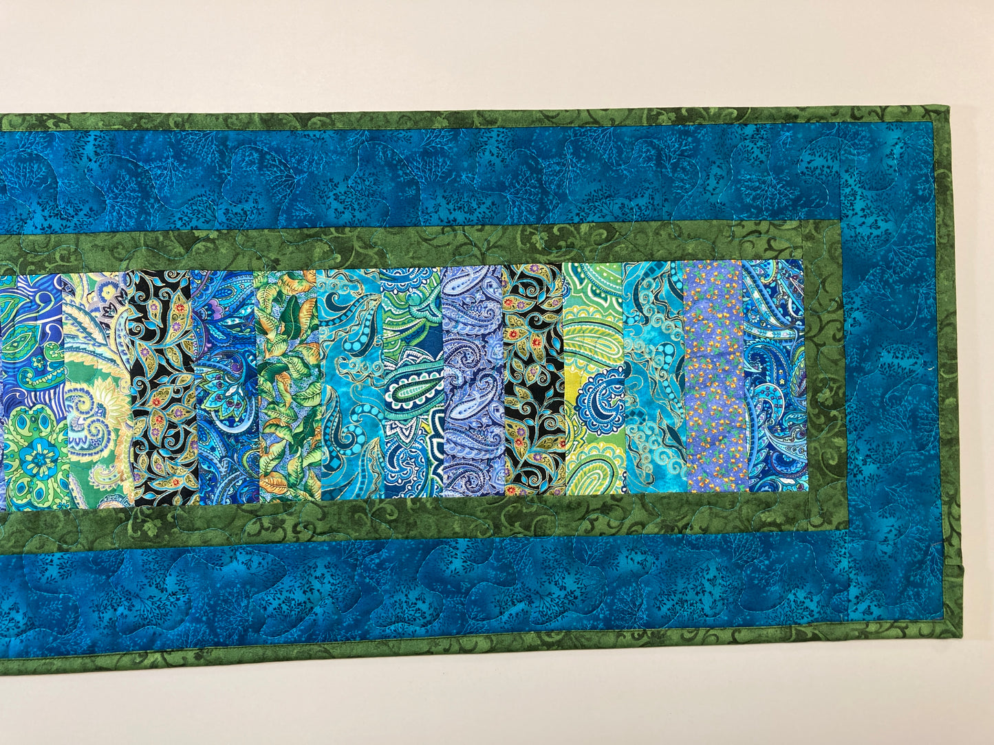 Quilted Table Runner, Blue Green Ocean Seaside Inspired 13x52" Reversible Washable, Dining Coffee Table Dresser, Everyday Handmade Abstract