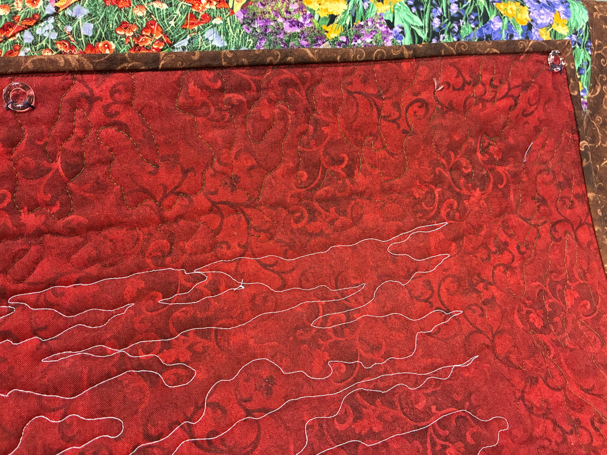 Summer Mountain Stream Landscape Art Quilt Tapestry, Quilted Fabric Wall Hanging, 25x46"