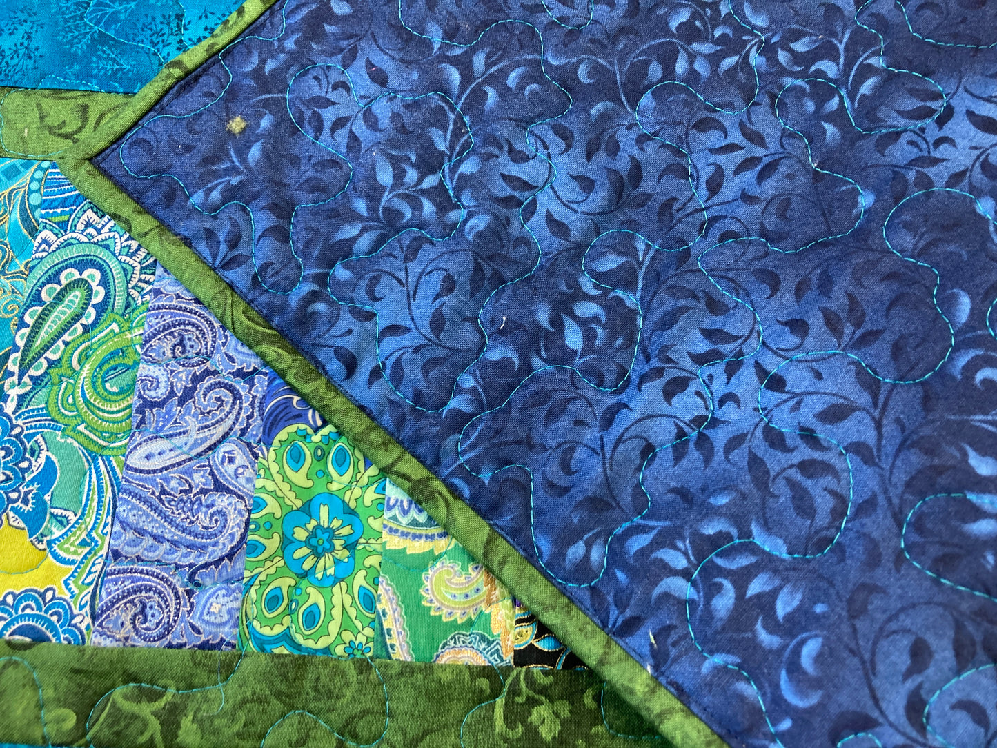 Quilted Table Runner, Blue Green Ocean Seaside Inspired 13x52" Reversible Washable, Dining Coffee Table Dresser, Everyday Handmade Abstract