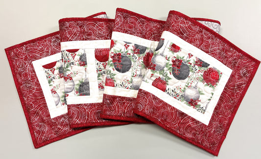 Christmas Ornament Quilted Dining Table Runner + Placemats Red Silver Balls 13x72" Handmade