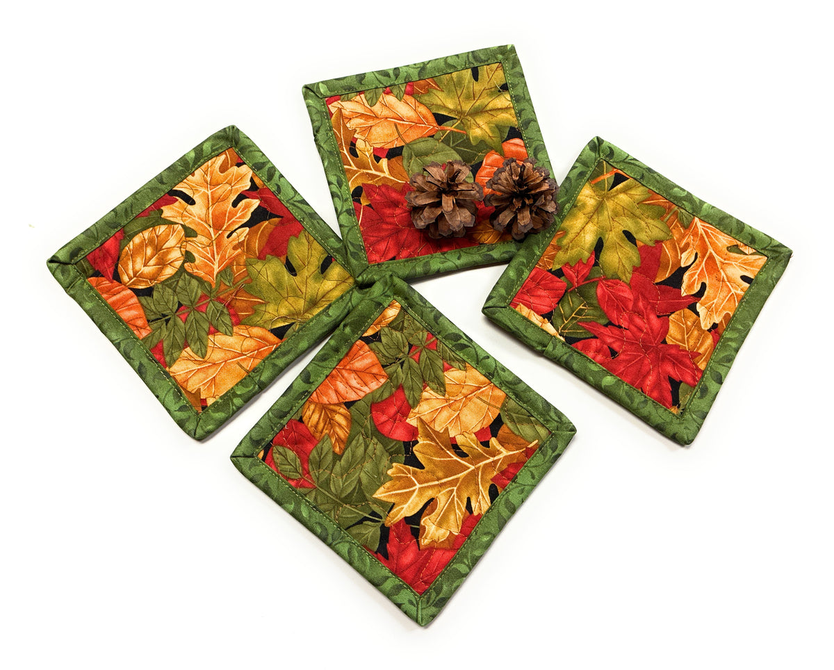 Autumn Fall Leaves Fabric Coasters, Thanksgiving 5x5" Drink Mats Coffee Tea Stocking Stuffer Handmade